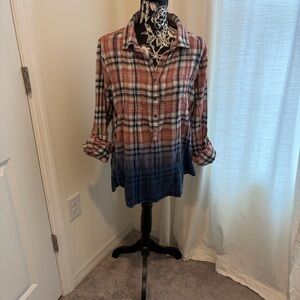 Plaid Button-Up Shirt - Red and Blue With a Lace Shoulder Inset!